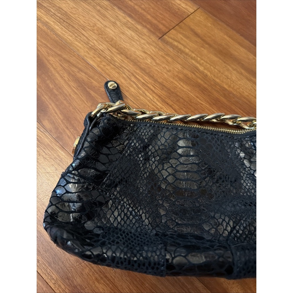 Michael Kors Black Python Embossed Leather Tote Bag Gold Chain Strap Clutch - Picture 2 of 7
